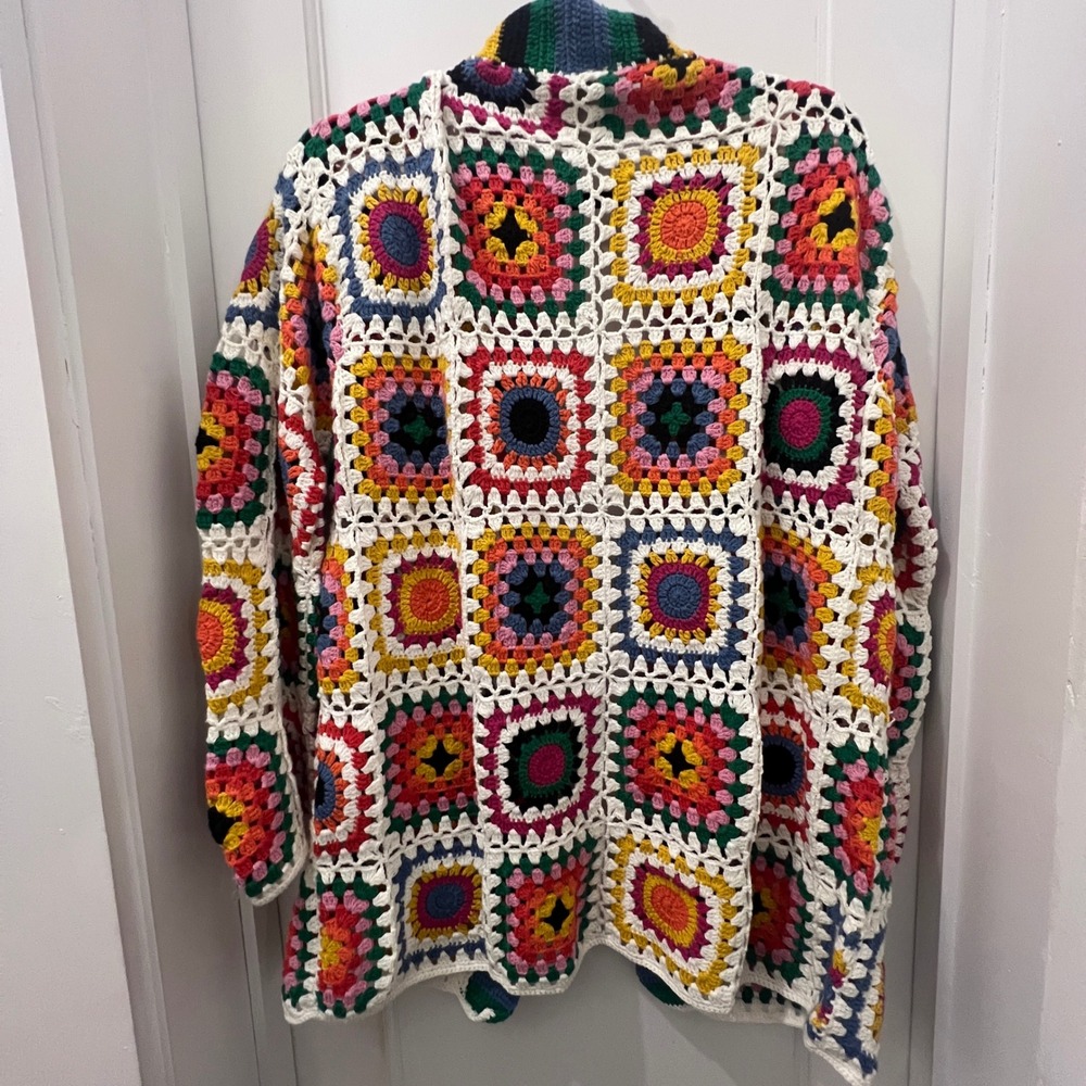 Farm Rio Rainbow Granny Square Crochet Cardigan Multicolor Boho NWT Medium - Picture 4 of 4
